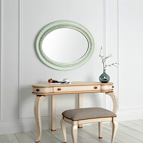 H HOMEWINS Oval Wood Rustic Mirror,20x30 Wooden Oval Decorative Mirrors,Farmhouse Wall-Mounted Green Beads Decor Mirror for Bedroom, Bathroom, Living Room,Vanity - color: Green, size: 30"L x 20"W