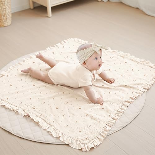 Konssy Flounce Muslin Baby Blanket for Girls Boys, 100% Cotton Soft Crib Swaddle Blankets, Reversible & Breathable Nursery Bedding for Newborns Toddlers, 43 x 39 Inches (Moon) - color: Moon, size: 43"x39"