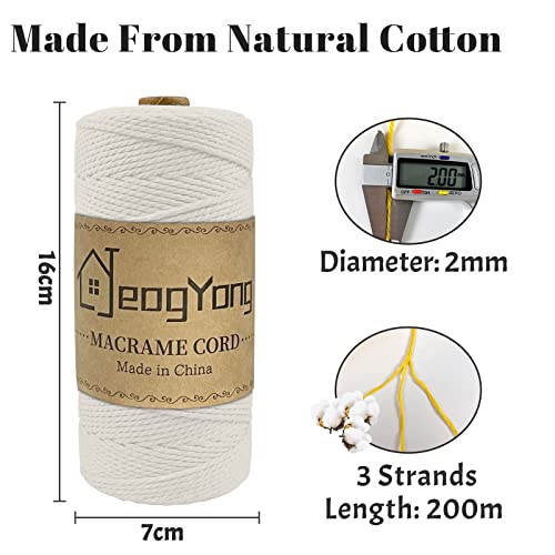 JeogYong Macrame Cord 2mm x 218 Yards, 3-Strand Twisted Natural Cotton Rope, Cotton String Coloured Craft Cord for Plant Hanger Wall Hanging Knitting Crafts, Natural Color - color: Natural