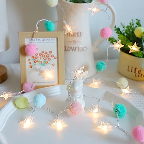 ChiRee Indoor String Lights 6.56 Feet Pom Poms Star Lights 20 LED Battery Operated String Fairy Lights Warm White Star Lights Colorful Decor Lights for Home Bedroom Kids Playhouse Holiday Christmas - style: Star-Pink and Blue