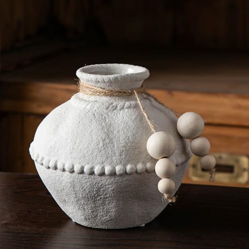Mowtanco Rustic Ceramic Vase with Boho Wooden Beads, Matte Decorative Pottery for Modern Farmhouse and Bohemian Decor, Floral Arrangements, Bedroom, Shelf, or Side Table Accents - color: White - Small