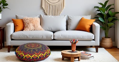 CRAFT KALA 32 Inch Meditation Floor Pillow Cover Round Pillow Seating Hippie Decorative Adults Bohemian Mandala Cushion Cover Outdoor Living Room Throw Ottoman Poufs Cover (New Blue Ombre) - color: New Blue Ombre