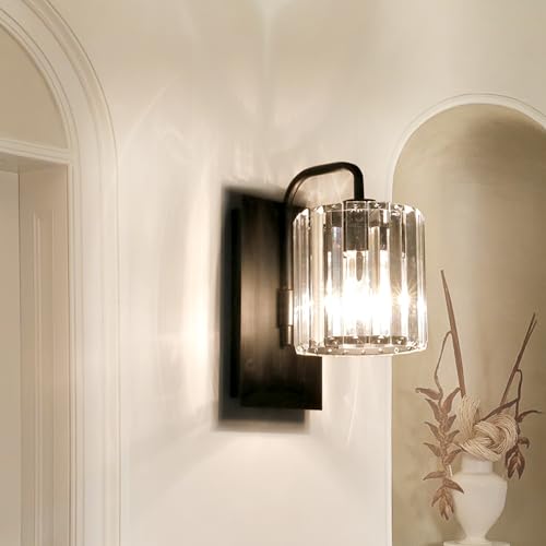 Grneric Crystal Wall Sconces,Black Sconce Wall Light Fixtures Modern Sconces Wall Lighting Single Indoor Wall Sconce for Living Room Bathroom Hallway Stairway Bedroom 10 Inch - color: Crystal Glass Sttyle
