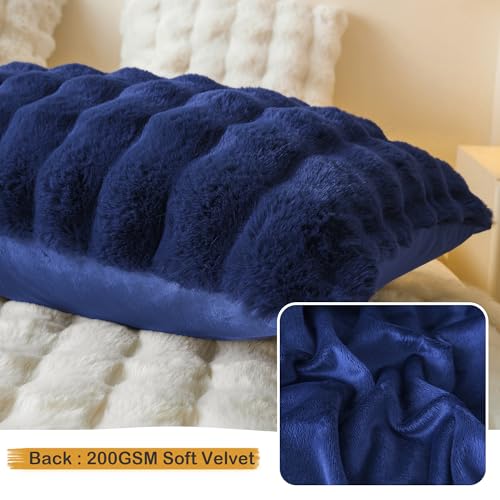 LIFEREVO Fluffy Faux Rabbit Fur Body Pillow Cover, Luxury Bubble Waffle Shaggy Plush Bed Pillowcase with Zipper Closure, Royal Long 20"x54" Fuzzy Furry Pillow Case for Adults Kids Girls, Navy Blue - color: Navy Blue