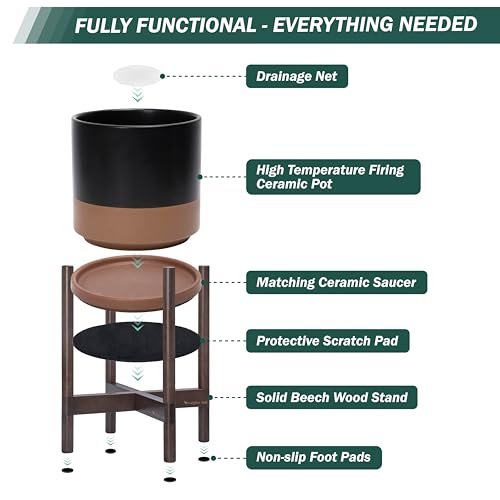 D'vine Dev Ceramic Planter with Walnut Color Stand - 8 Inch Modern Round Flower Pot with Wood Planter Holder, Black/Speckled Tan, 55-B-Y-7 - color: Black/Speckled Tan Pot + Walnut Color Stand, size: 8 Inch