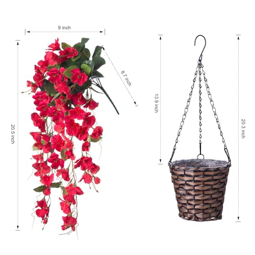 Artificial Fake Hanging Hibiscus Flowers Plants Baskets for Outdoor Decor, Faux Silk Hibiscus Long Vines in Planter UV Resistant Realistic Flowers for Outside Porch Patio Home Decoration, Red - color: Red 2