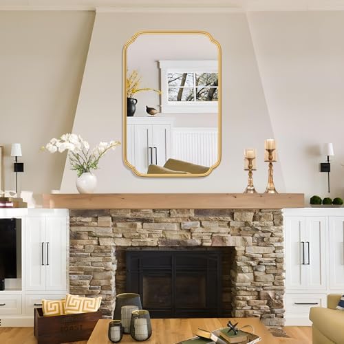 Ferytange Gold Bathroom Mirror for Wall 20" x 30" Modern Rounded Corner Rectangle Mirror with Non-Rusting Iron Metal Framed Bathroom Vanity Mirror for Over Sink Wall Decor(Horizontal/Vertical) - color: Gold, size: 30"L x 20"W