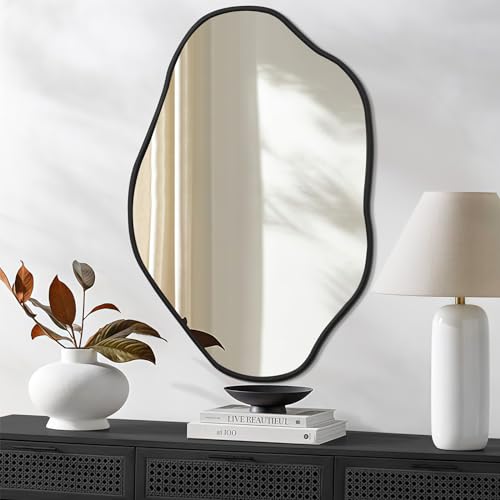 ULIKE Irregular Wall Mirror, 24x36 Inch Black Asymmetrical Mirror with Solid Wood Frame, Abstract Organic Shape Vanity Mirrors for Bathroom Bedroom Living Room Entryway - color: A Black-irregular
