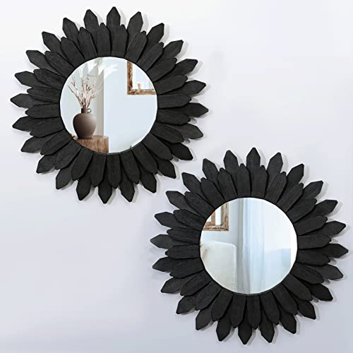 Honiway Boho Wall Decor Mirrors for Wall 2 Pack 12 inch Wood Decorative Mirror for Room Decor Rustic Farmhouse Mirror for Bedroom Bathroom Living Room Kitchen Black - color: Black, size: 12 inch (2 pack)