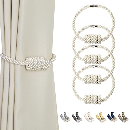 BEL AVENIR Magnetic Curtain Tiebacks, Decorative Drapery Holdbacks Modern Woven Tie-Backs with Exquisite Knot (Beige, 4 Pack) - color: Beige, size: 4 Pack