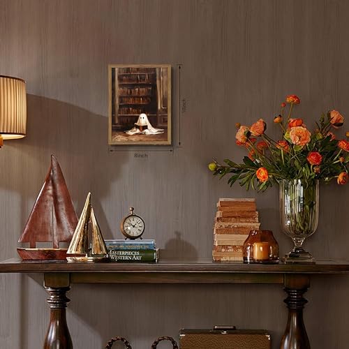 Framed Vintage Library Ghost Wall Art - Ghost Reading Canvas Print Halloween Decor, Gothic Victorian Dark Academia Halloween Wall Decor for Bedroom Office 8x10 inch Wood Frame - color: Ghost, size: 10"L x 8"W