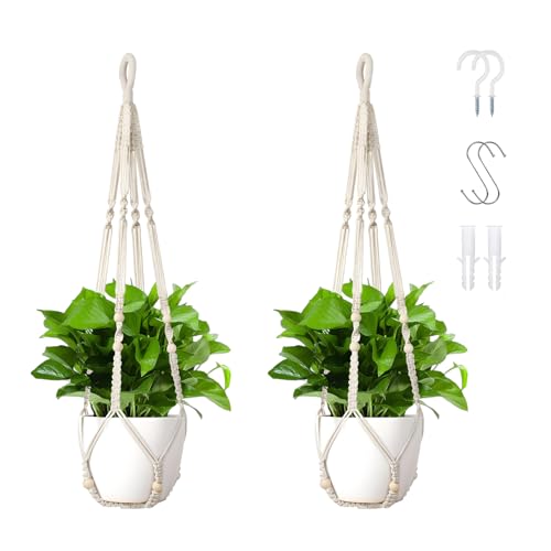 Macrame Plant Hanger Set of 2, 35 Inch Indoor Hanging Planter with 4 Hooks, Macrame Plant Hangers for Pots, No Tassels Boho Home Decor, Ivory (Pots Not Included) - color: Ivory