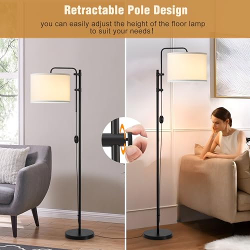 GyroVu Floor Lamp for Living Room, Adjustable Height Standing Lamps with 350° Rotate White Lampshade, 67.5-Inch Modern Tall Lamp Dimmable Floor Lamps for Corner Bedroom Home Office (Bulb Included) - color: White Fabric Shade