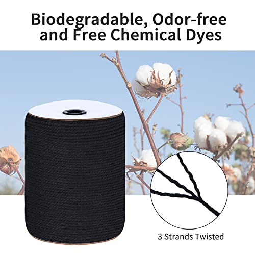 Macrame Cord 5mm x 165Yards, Natural Cotton Macrame Rope - 3 Strands Twisted Macrame Cotton Cord for Wall Hanging, Plant Hangers, Crafts, Gift Wrapping and Wedding Decorations, Black - color: Black, size: 0.20 in x 165 yd