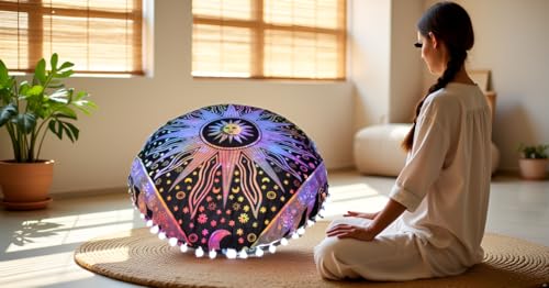 Multi Purple Burning Sun Round Mandala Floor Pillow Cover Seating Cushion Throw Cover Hippie Decorative Bohemian Ottoman Pouf Cover, Pom Pom Pillow Cases,Boho Indian 32 Inches - color: Multi Purple, size: 32" Round