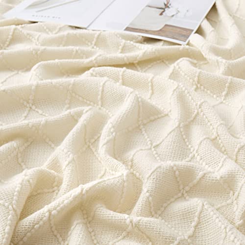 Acrylic Knitted Throw Blanket, Lightweight and Soft Cozy Decorative Woven Blanket with Tassels for Couch, Bed, Sofa, Travel, Suitable for All Seasons, 50 x 60 Inches, White - color: White