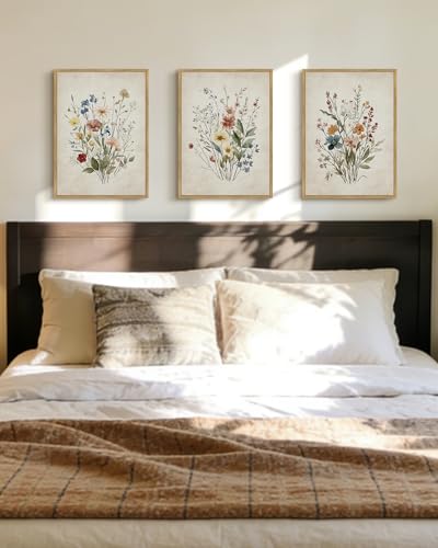 Drsoum Vintage Flower Bouquet Framed Retro Wildflower Botanical Pictures Prints Modern Colorful Floral Rustic Artwork Bedroom Living Room Ready to Hang 11x14in Natural Framed - color: Green Plants Prints, size: 14L" x 11W", Natural Framed