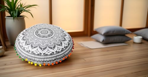 Round Mandala Floor Pillow Cover Seating Cushion Throw Cover Hippie Decorative Bohemian Ottoman Pouf Cover, Pom Pom Pillow Cases,Boho Indian 32 Inches Grey Ombre - color: Grey, size: 32" Round