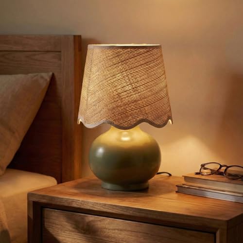 Benton Ceramic Table Lamp with Fabric Shade – 13" Bedside Accent Lamp for Bedroom, Living Room & Nightstand (Green) - color: Green