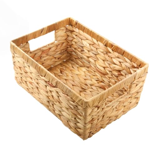 Wicker Storage Basket, Water Hyacinth Basket for Organizing, Rectangular Wicker Storage Baskets for Shelves, Small Wicker Basket with Built-in Handles, Natural, 12.6 x 8.66 x 6.3 Inch
