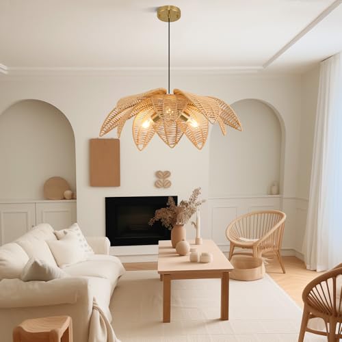 24” Floral Rattan Chandeliers Lights Fixture for Dining Room, 3-Light Large Farmhouse Boho Pendant Lights Fixture, Hanging Hand Woven Wicker Ceiling Lights for Kitchen Island Bedroom Living Room - style: Boho-Flower-24in