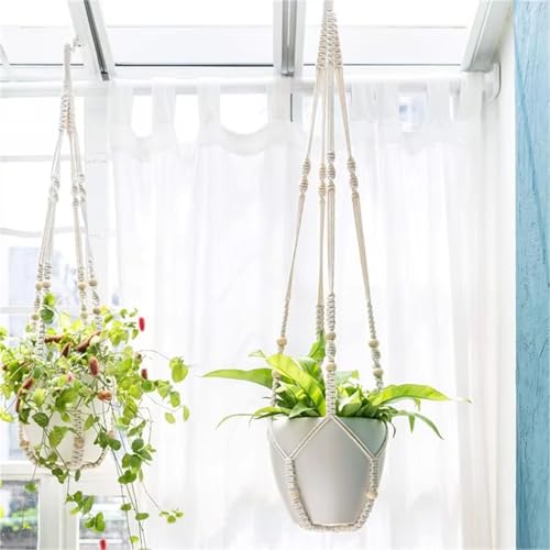 2 Pack Handmade Macrame Plant Hanger - Indoor Hanging Planter Basket with Wood Beads, Cotton Rope, No Tassels, for Boho Home Decor, 35 Inch, Ivory, (Pots NOT Included) - color: White
