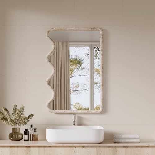 ULIKE Wavy Mirror for Wall, Rustic Wood Mirror for Bathroom Vanity, 24x36 Wooden Wall Mirrors Decorative for Bedroom, Living Room, Entryway, White - color: Wavy Rustic White