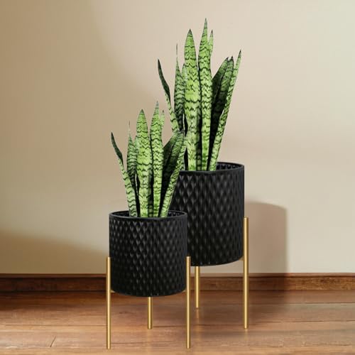 ARNIS Plants Pots with Stand, Large Size Flower Pots, Set of 2 Unique Mid Century Decorative Metal Flower Pots with Drainage,10.5&12.25 Inch, Black - color: Matte Black, size: 10.5 &12.25