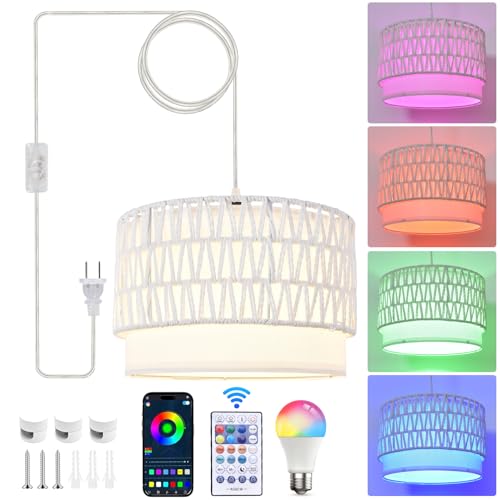 ZSLAIFU Hanging Lamp Plug in Pendant Light, 15FT White Hanging Lights with Plug in Cord, Hanging Light with Bulb and Remote, Hanging Lamps for Bedroom, Living Room, Kitchen, Farmhouse - color: White Rattan-White Shade