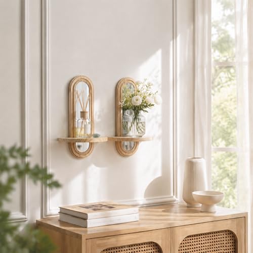 Artilady Floating Shelves with Arched Mirror, Boho Wall Decor Farmhouse Wood Wall Mounted Shelf for Bathroom Bedroom Living Room Wall Art (Beige with Mirror) - color: Beige With Mirror