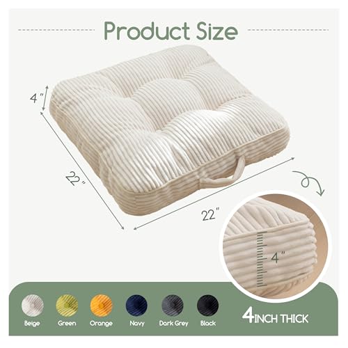 HIGOGOGO Floor Pillow Cushion for Adults, Meditation Cushion Pillow, Large Square Floor Sitting, Tufted Corduroy Cover, for Tatami Living Room or Yoga, 22x22 Inch, 2Pack, Beige - color: Square Beige, size: 4" Thick(Pack of 2)