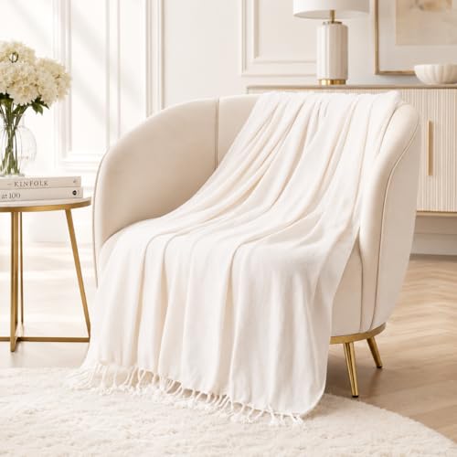 BATTILO HOME Cream White Chenille Throw Blanket for Couch, Soft Cozy Textured Knit Throw Blanket with Handmade Fringe Tassels, Lightweight Decorative Farmhouse Blanket for Sofa Bed Chair, 50"x60" - color: Cream White