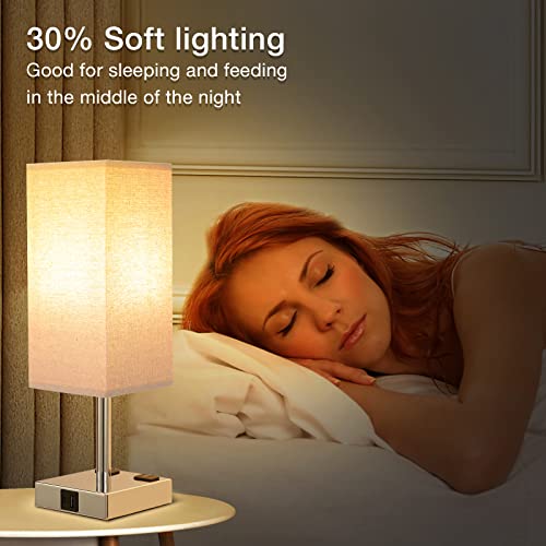 aooshine Beige Set of 2 Touch Lamp with USB Port-Nightstand Lamp with USB-C+A Charge Ports& AC Outlets, 3-Way Dimmable Bedside Lamp with Shade,Small Table Lamp for Bedroom Living Room(Bulb Included) - color: Beige-Silver