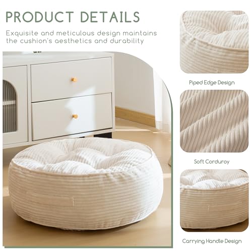 HIGOGOGO 8" Extra Thick Floor Pillow Cushion for Adults, Meditation Cushion Pillow, Large Round Floor Sitting, Tufted Corduroy Cover, for Tatami Living Room or Yoga, 22x22 Inch, Beige - color: Round Beige, size: 8" Thick(Pack of 1)