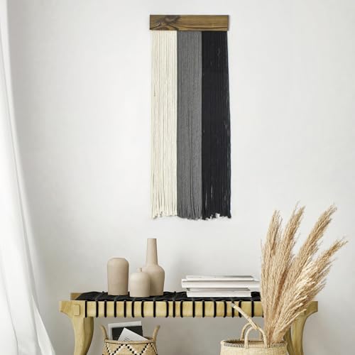 SCECALA Grey Black Macrame Wall Hanging Tapestry, White and Black Macrame Wall Hanging Boho Yarn Handmade Long Tapestry for Living Room Bedroom Modern Home Decor, 30.7x11.8 inch - color: Gray