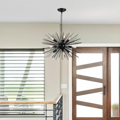 24in Black Sputnik Chandelier Light Fixture Over Table Modern 9-Lights Starburst Chandelier Solid Metal Satellite Sputnik Light Fixture for Dining Room, Kitchen Island, Bedroom,Foyer,Entryway - color: Black 24" 9-Light