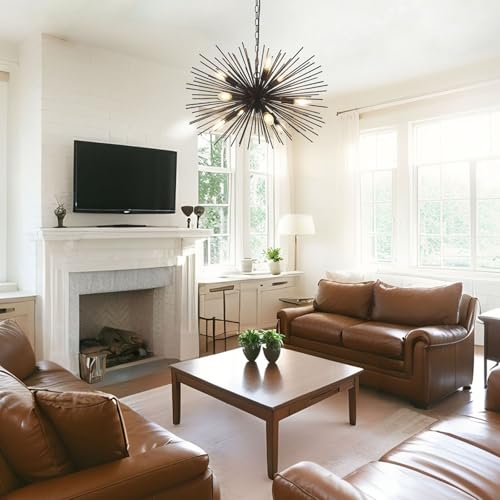 24in Black Sputnik Chandelier Light Fixture Over Table Modern 9-Lights Starburst Chandelier Solid Metal Satellite Sputnik Light Fixture for Dining Room, Kitchen Island, Bedroom,Foyer,Entryway - color: Black 24" 9-Light