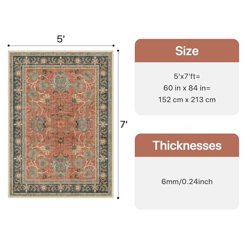 Bavni Floral Area Rugs 5x7, Vintage Distressed Living Room Rug, Accent Washable Rug Stain Resistant Non Slip, Low Pile Thin Soft Coral Blue Throw Carpet for Bedroom, Dining Room, Home Office, Nursery - color: Coral Blue, size: 5' x 7' (Rectangular)