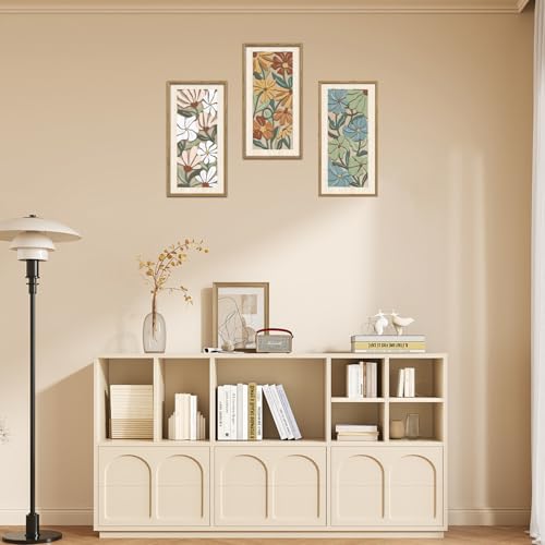 KAIRNE Vintage Colorful Floral Wooden Wall Art Set of 3,Abstract Boho Wood Decoration,Mid Century Modern Flower Wall Decor,Minimalist Wildflower Artwork for Living Room Bedroom Office,8X16 inch - color: Vintage Colorful Floral, size: 8"L x 16"W