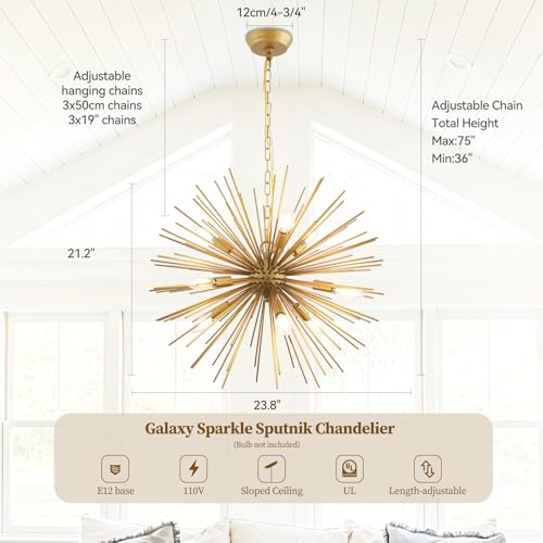 23.8" Modern Sputnik Chandelier 9-Lights Mid-Century Modern Starburst Golden Chandelier Luxury Gold Solid Metal Sputnik Satellite Chandeliers for Dining Room, Kitchen Island, Bedroom, E12 - color: Gold 23.8"