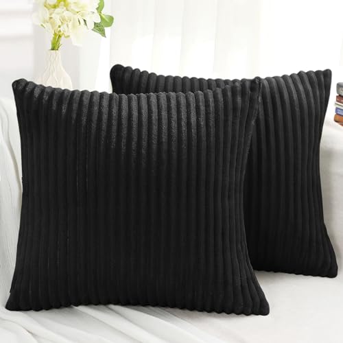Simmore Decorative Throw Pillow Covers 16x16 Set of 2, Soft Natural Plush Flannel Double-Sided Fluffy Couch Pillow Covers for Sofa Living Room, Black - color: Black, size: 16" x 16" (Pack of 2)
