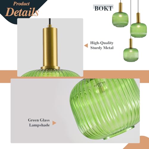 BOKT Green 3-Light Cluster Pendant Lights Mid Century Modern Ceiling Hanging Lighting 7.9" Farmhouse Gold Pendant Lights Kitchen Island with Ribbed Hand Blown Glass for Living Room Dining Room - color: Green 3-Light