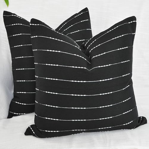 Black Pillow Covers 20x20 Cotton Woven Stripes Pattern Contemporary Luxury Cushion Covers Minimalist Throw Pillow Cases for Living Room Sofa, Couch, Bed, Set of 2 - color: Black, size: 20" x 20" (Pack of 2)
