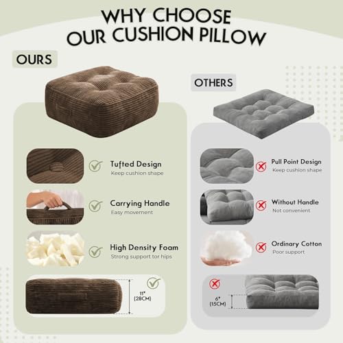 11" Thick Washable Floor Pillow for Adults, Yoga & Meditation Cushion with Handle, Square Large Pillows Seating with Removable Tufted Corduroy Cover for Tatami Living Room Board Games, Brown - color: Brown