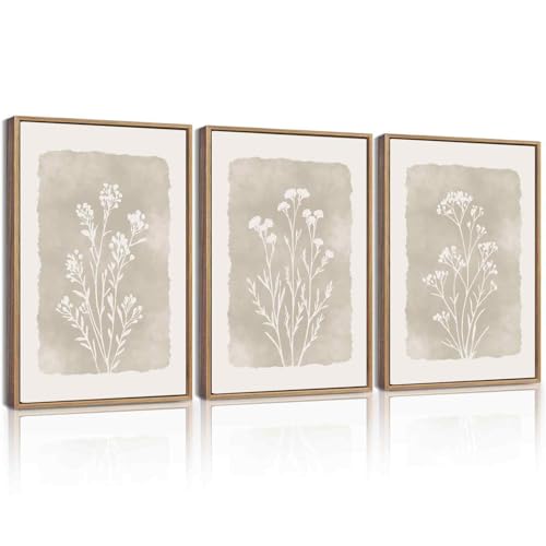 KUVIOKE Boho Botanical Flower Framed Wall Art Farmhouse Vintage Floral Wall Painting Rustic Wildflower Neutral Prints for Living Room Bedroom 12x16in (Natural Framed) - color: Watercolor Flower, size: 12 x 16in x 3 Panels Natural