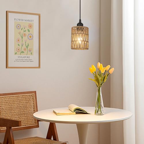 LAMSU 1-Light Rattan Pendant Lights, Boho Farmhouse Pendant Lighting with 4.7×5.9in Hand Woven Shade, Small Wicker Light Fixture Ceiling Hanging for Dining Room Kitchen, Height Adjustable up to 61in - size: 1 Pack