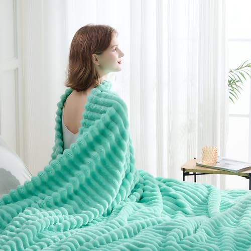 NEWCOSPLAY Super Soft Queen Blanket Aqua Premium Silky Flannel Fleece 3D Ribbed Jacquard Lightweight Bed Blanket All Season Use (Aqua Ribbed, Queen(90"x90")) - color: Aqua Ribbed, size: Queen(90"x90")