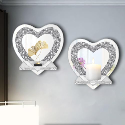 ZOLAPI Set of 2 Crystal Crush Diamond Candle Sconces, Gorgeous Silver Mirrored Wall Sconce, Candle Holder Glass Wall Decorations for Home Décor, Living Room, Dining Room.Heart Shaped - color: Silver Mirror Heart