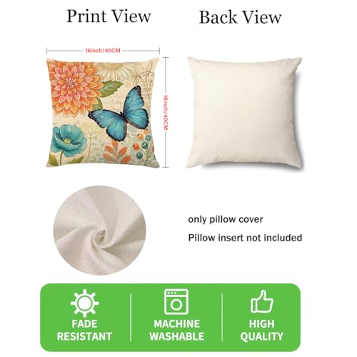 wyooxoo Spring Summer Pillow Covers 16x16 Set of 4 Farmhouse Throw Pillow Covers Linen Flower Butterfly Decorative Pillowcases for Sofa Couch Living Room Outdoor - color: Color D, size: 16" x 16" (Pack of 4)