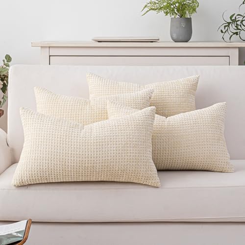 Pack of 4 Throw Pillow Covers 20x12 inch Beige Boho Cushion Covers Decorative Farmhouse Pillow Covers for Couch Bed Sofa Living Room Home Decor Soft Square Pillowcase - color: Beige, size: 20" x 12" (Pack of 4)